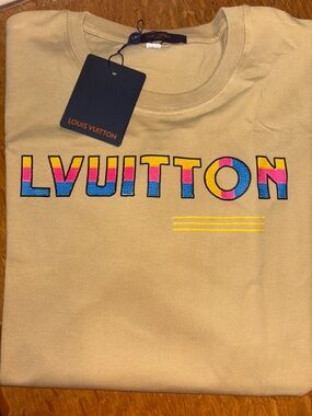 Louis Vuitton Beige Tee with Multicolor Embroidered LVUITTON Read 👇